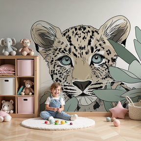 Leopard jungle mural wallpaper creating adventurous nursery decor with curious cub design by Kids-Mundo
