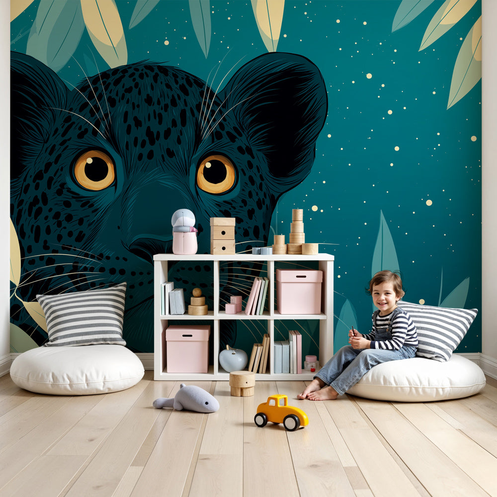 Leopard jungle mural wallpaper creating mystical safari nursery decor by Kids-Mundo