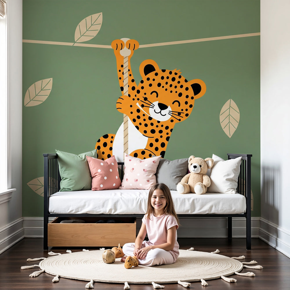 Leopard jungle mural wallpaper creating safari adventure theme in modern kids nursery by Kids-Mundo