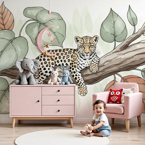 Leopard jungle mural wallpaper creating serene safari nursery decor with natural terracotta tones by Kids-Mundo