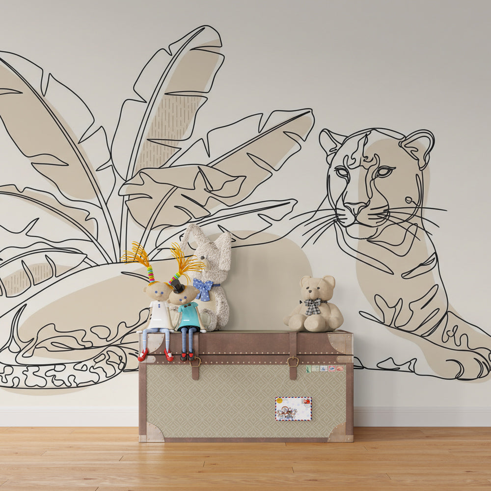 Beige leopard mural wallpaper for children's playroom featuring serene jungle atmosphere