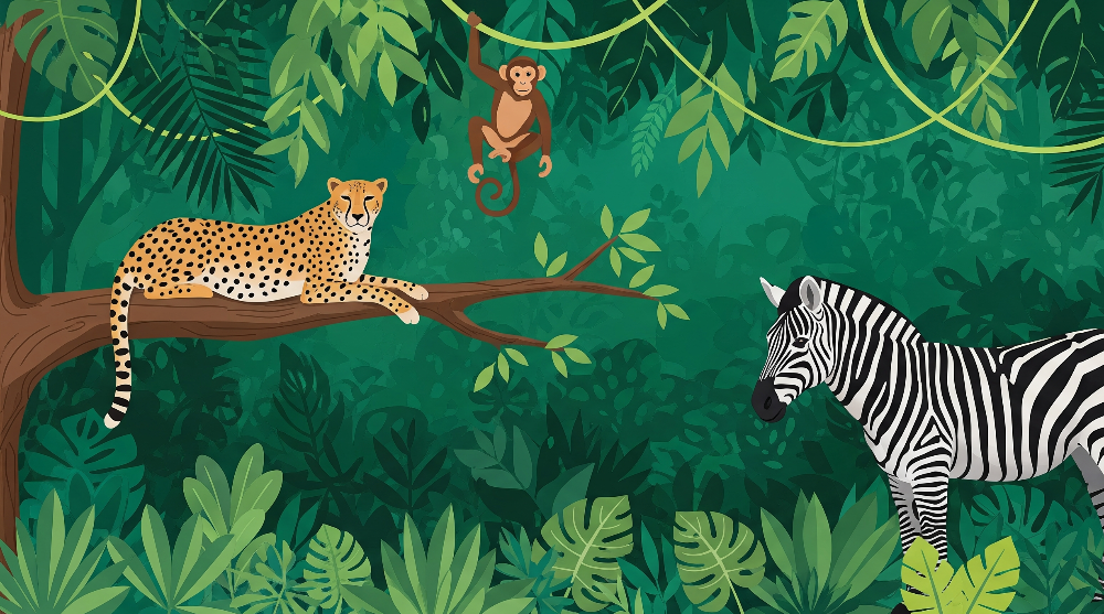 Flat artwork of the Kids-Mundo leopard, monkey and zebra jungle wall mural design