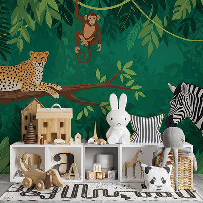 Kids-Mundo dark green jungle wall mural with leopard and zebra in a children's playroom