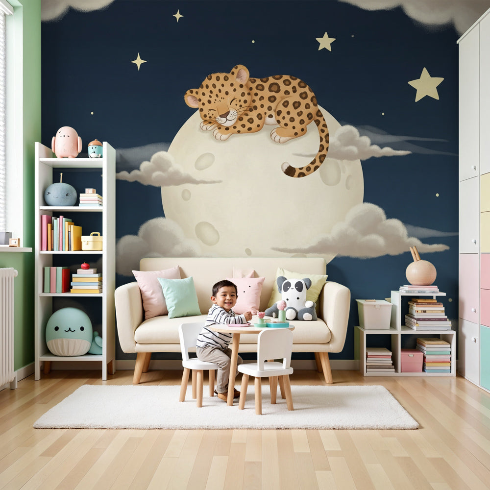 Leopard moon mural wallpaper in modern nursery with starry night sky design by Kids-Mundo