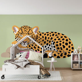 Safari leopard wallpaper in modern baby bedroom with natural wood furniture