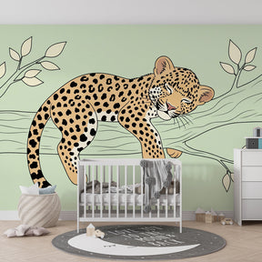 Gentle leopard mural wallpaper transforming toddler bedroom into serene safari sanctuary