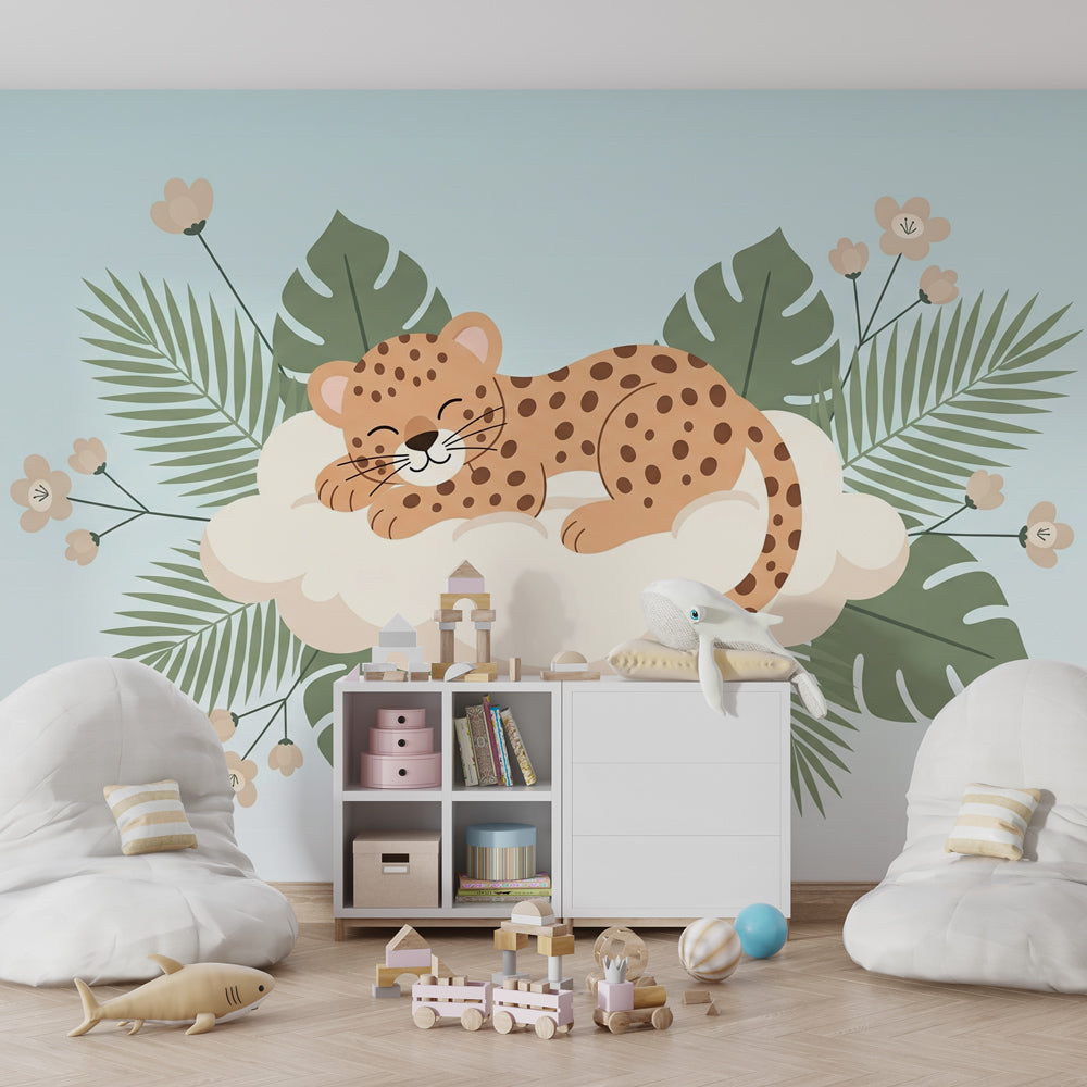 Safari animal wallpaper with sleeping leopard on cloud in modern kids bedroom