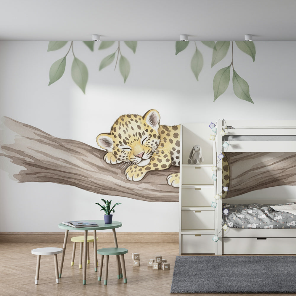 Baby leopard wallpaper creating calming atmosphere in children's bedroom
