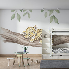 Baby leopard wallpaper creating calming atmosphere in children's bedroom