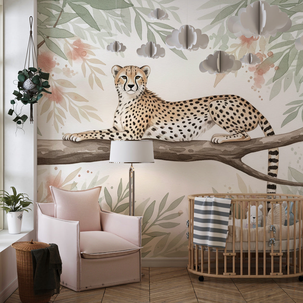 Exotic leopard wallpaper with tropical foliage decorating peaceful children's bedroom