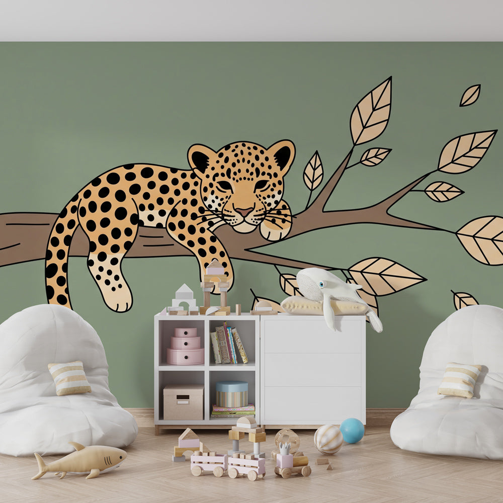 Serene leopard on branch wallpaper creating calming atmosphere in children's bedroom