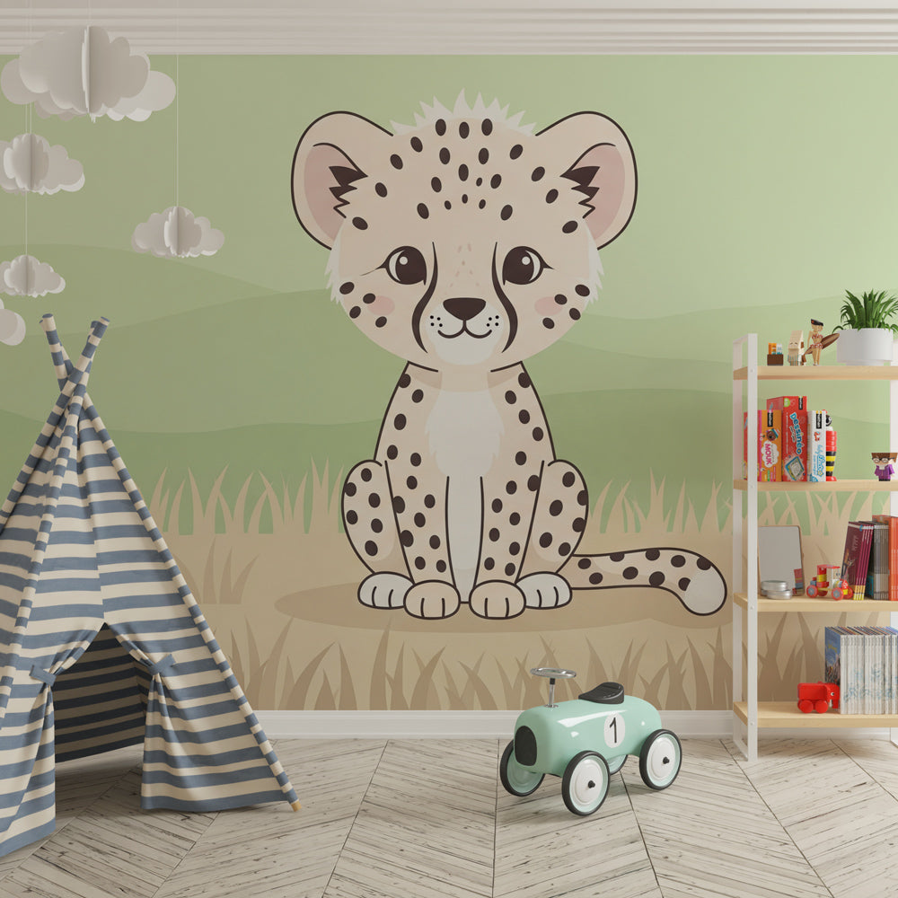 Safari leopard wallpaper with soft green hills decorating cozy children's bedroom space