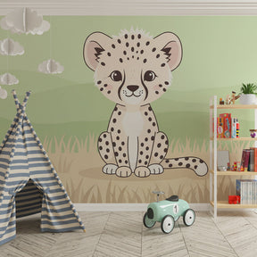 Safari leopard wallpaper with soft green hills decorating cozy children's bedroom space