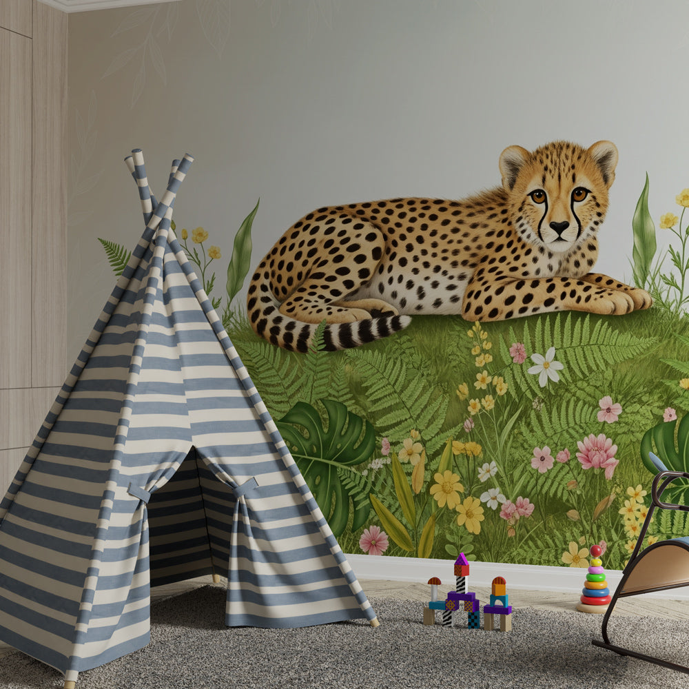 Safari leopard wallpaper creating adventurous kids bedroom with lush tropical plants