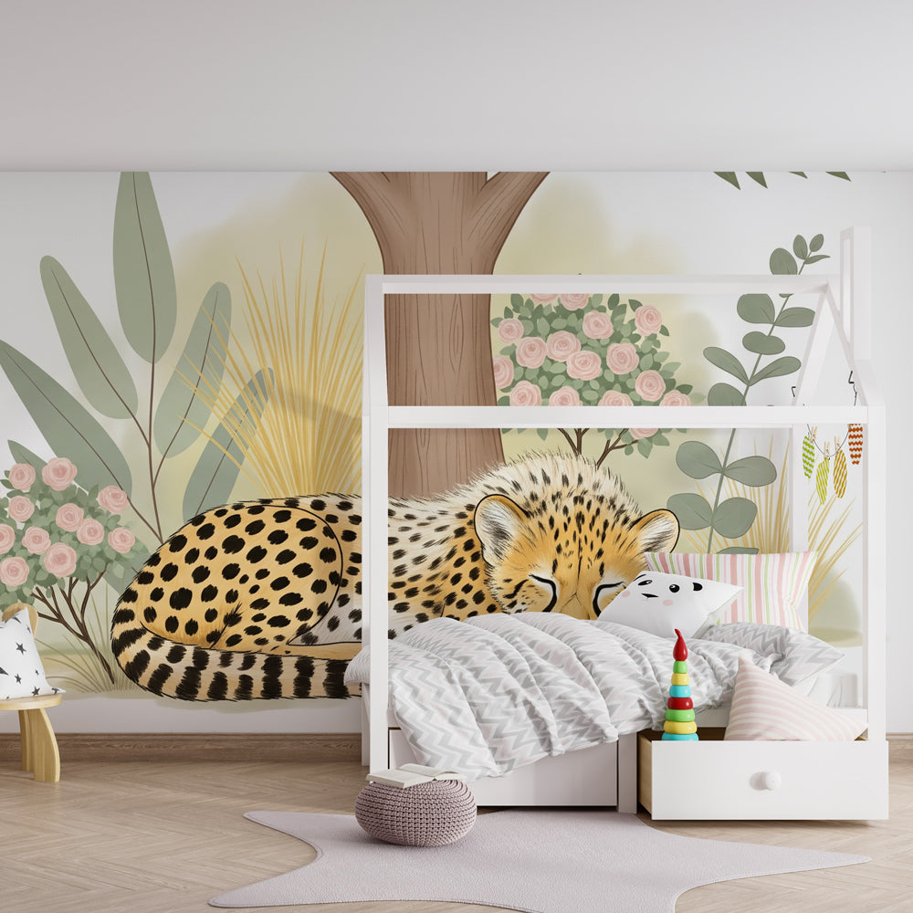 Safari animal wallpaper with sleeping leopard in modern children's bedroom setting