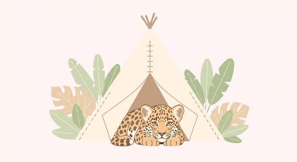Detailed leopard in tent mural wallpaper design pattern with tropical foliage by Kids-Mundo