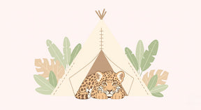 Detailed leopard in tent mural wallpaper design pattern with tropical foliage by Kids-Mundo