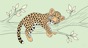 Detailed sleeping leopard mural wallpaper design pattern with botanical branch elements by Kids-Mundo