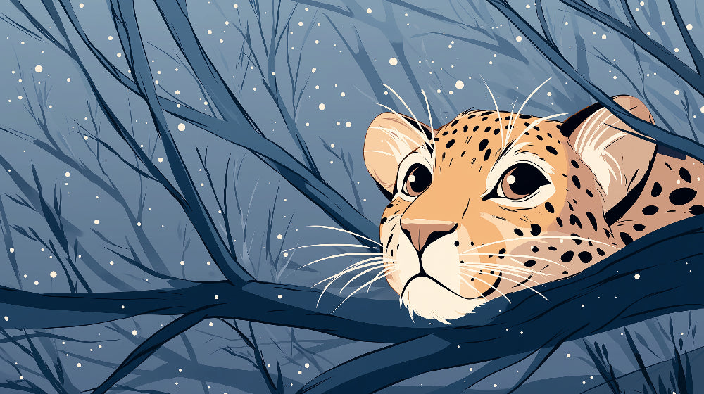 Detailed curious leopard winter mural wallpaper design pattern with snowy branches by Kids-Mundo