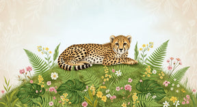 Detailed peaceful leopard and tropical flora mural wallpaper design pattern by Kids-Mundo