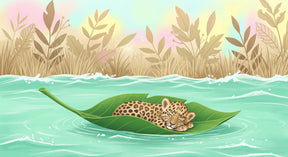 Detailed peaceful leopard on leaf mural wallpaper design pattern by Kids-Mundo
