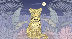 Detailed leopard jungle mural wallpaper design pattern with moon and tropical foliage by Kids-Mundo
