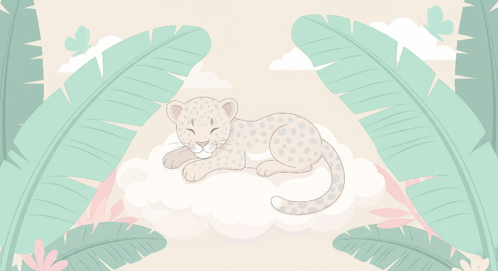 White leopard tropical mural wallpaper design pattern with leaves and flowers by Kids-Mundo