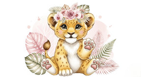 Detailed baby leopard with flower crown mural wallpaper design pattern by Kids-Mundo