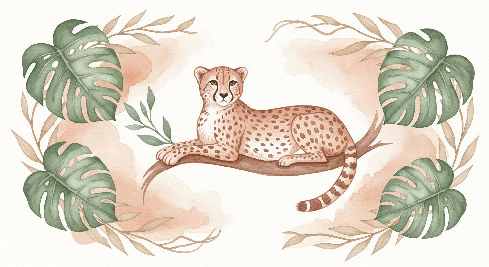 Detailed peaceful leopard mural wallpaper design pattern with tropical leaves by Kids-Mundo