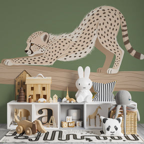 Safari leopard mural wallpaper with soft green background for peaceful kids room decor