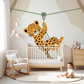 Happy leopard mural wallpaper creating adventurous jungle nursery decor by Kids-Mundo