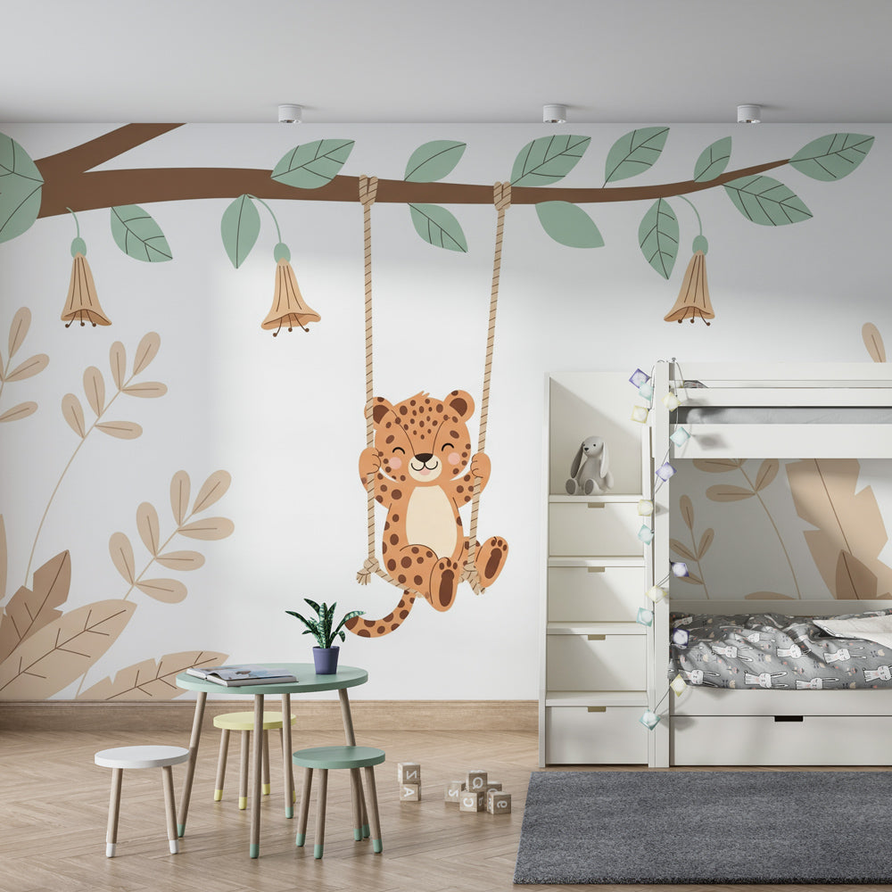 Gentle safari leopard mural wallpaper with neutral tones for children's room by Kids-Mundo