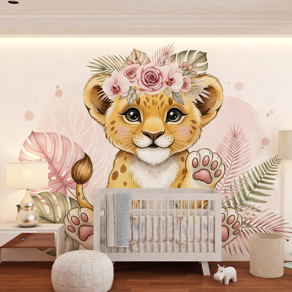 Gentle safari leopard wallpaper creating peaceful children's bedroom decor with tropical leaves
