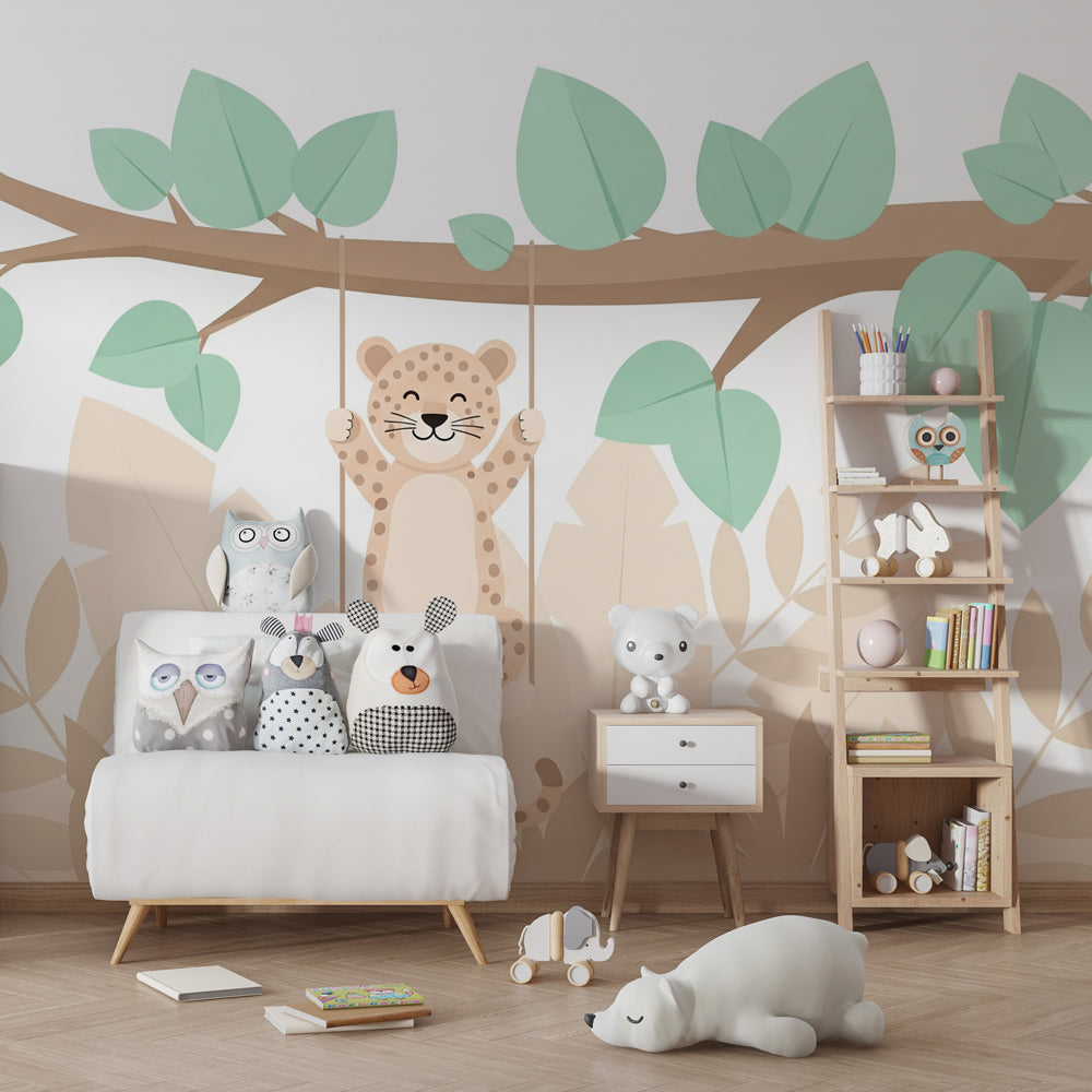Safari leopard wallpaper in children's bedroom with natural wood furniture by Kids-Mundo