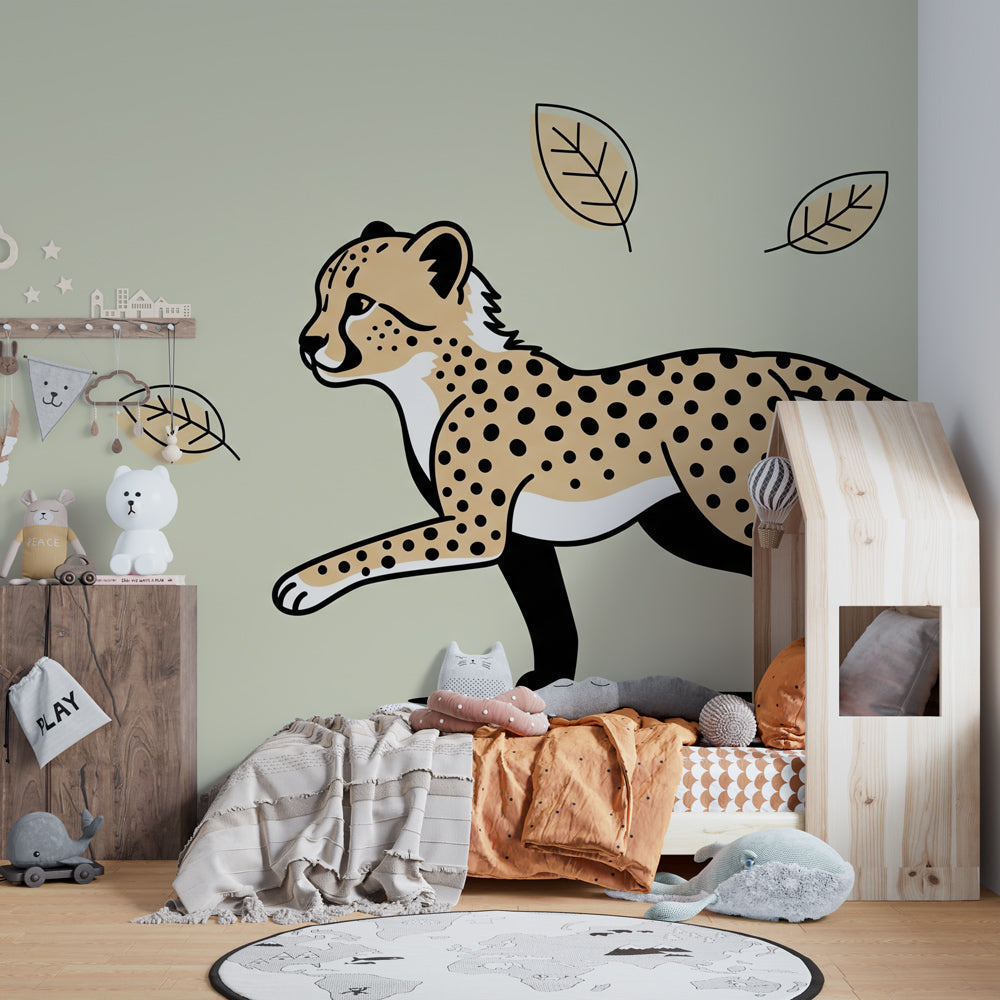 Joyful leopard wallpaper transforming children's bedroom into wildlife adventure space