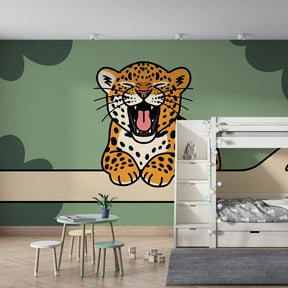Children's bedroom featuring leopard on branch mural wallpaper in soothing green jungle theme by Kids-Mundo