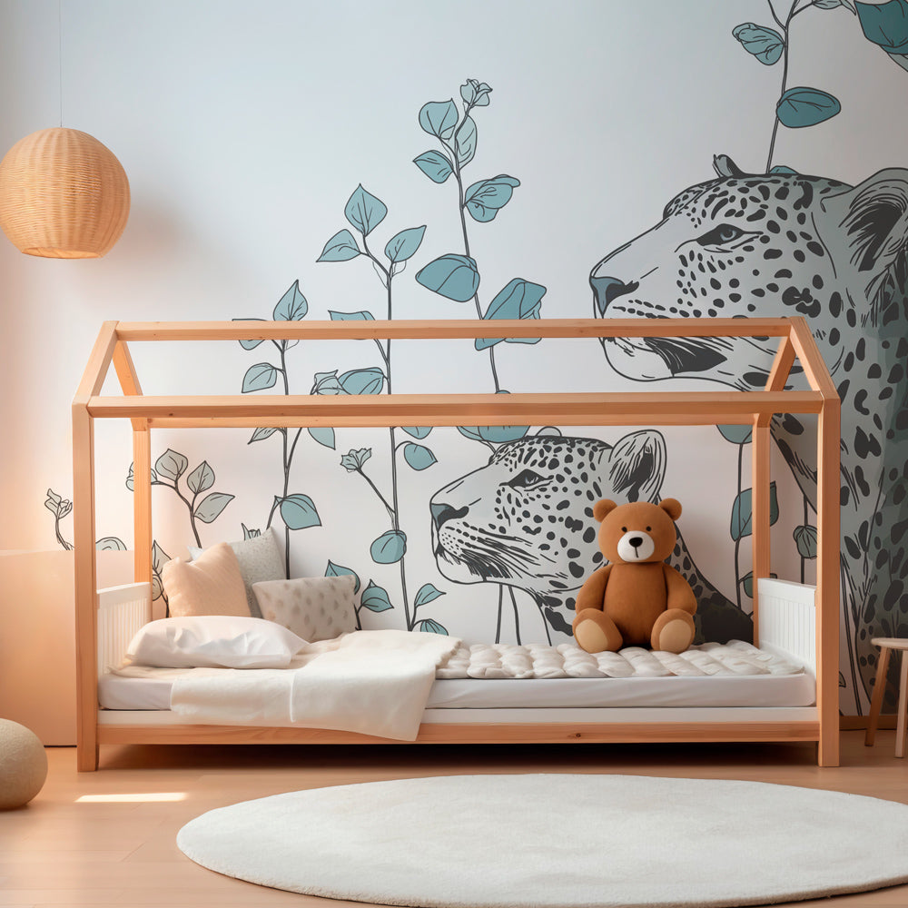 Safari leopard wallpaper transforming modern children's bedroom with wildlife theme