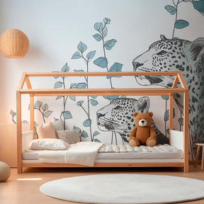 Safari leopard wallpaper transforming modern children's bedroom with wildlife theme