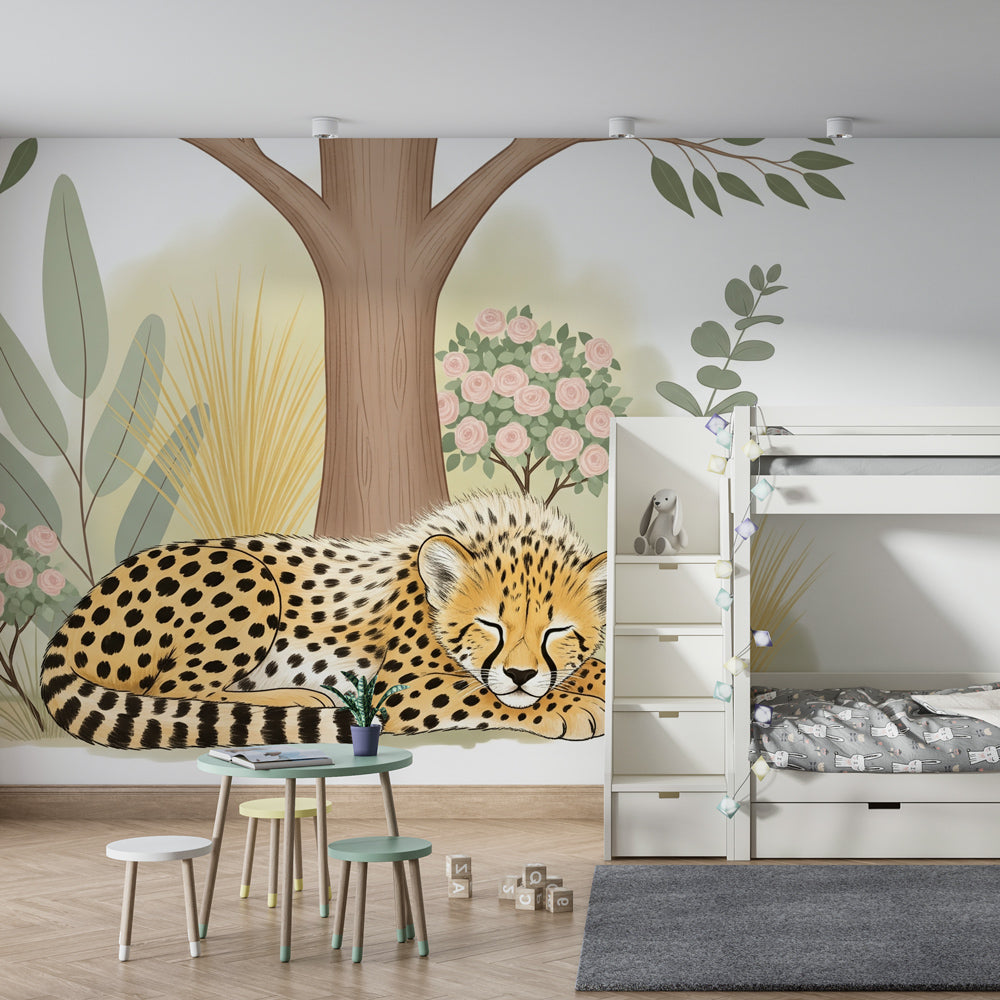 Tranquil leopard wallpaper for kids creating calming nature-themed playroom by Kids-Mundo