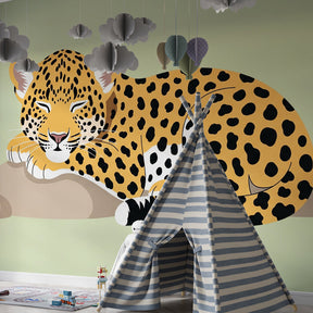 Sleeping leopard mural wallpaper transforming baby nursery into peaceful safari space