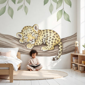 Sleeping leopard mural wallpaper in peaceful nursery setting by Kids-Mundo