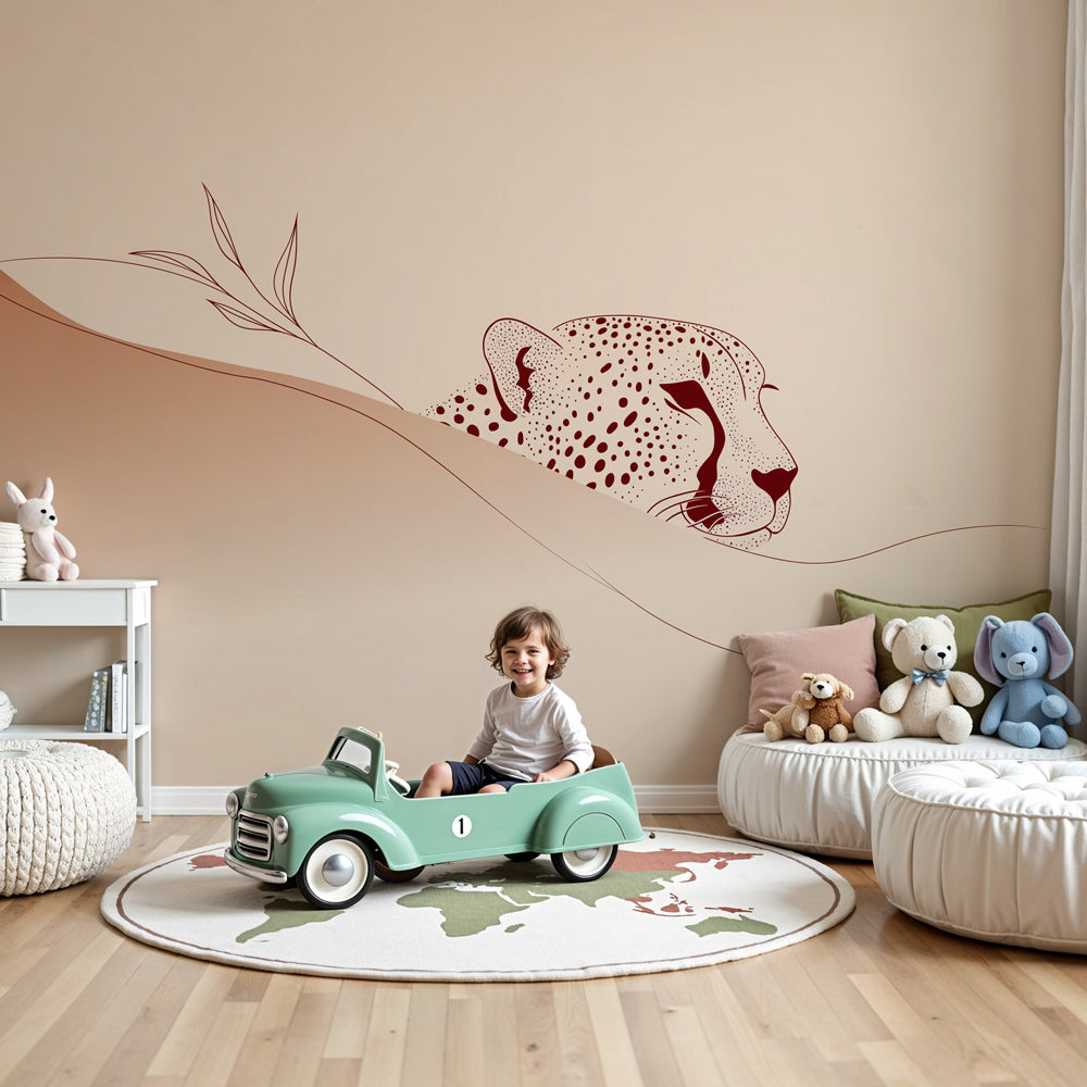 Minimalist leopard mural wallpaper creating serene safari nursery atmosphere by Kids-Mundo