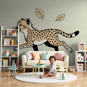 Leopard mural wallpaper creating adventurous nursery decor with warm earth tones by Kids-Mundo
