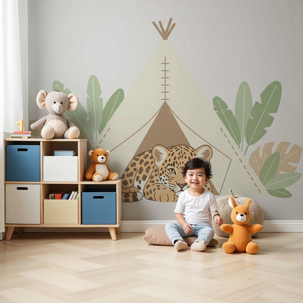 Peaceful leopard jungle mural wallpaper in modern nursery with natural wood crib by Kids-Mundo