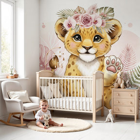 Baby leopard mural wallpaper with floral crown in modern nursery by Kids-Mundo