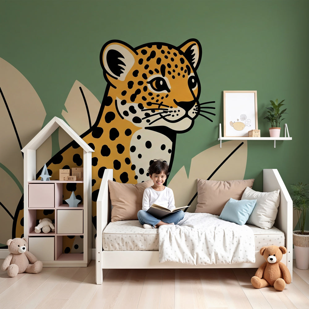Tropical leopard mural wallpaper decorating modern nursery with natural wood crib by Kids-Mundo