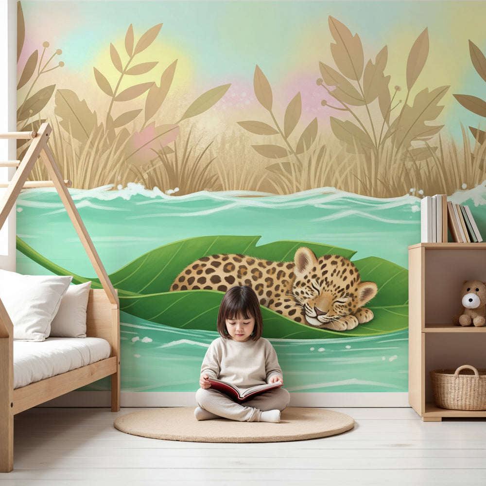 Peaceful leopard mural wallpaper in modern nursery with natural wood crib by Kids-Mundo