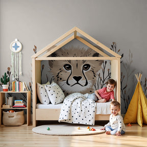 Cute leopard mural wallpaper decorating modern nursery with natural safari theme by Kids-Mundo