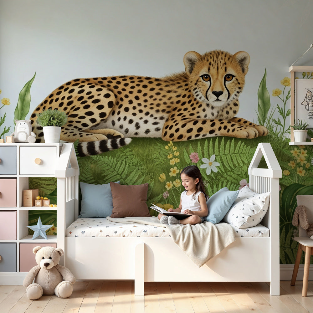 Peaceful leopard mural wallpaper in modern nursery with natural decor by Kids-Mundo