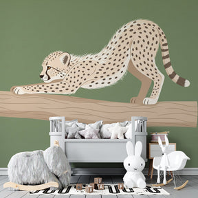 Playful leopard animal wallpaper transforming children's bedroom into safari adventure space